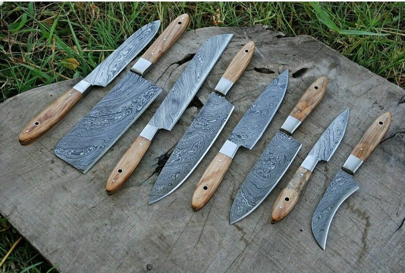 Custom Handmade Damascus Cooking Knife – 13” with Olive Wood Handle, Steel Bolster & Leather Roll Kit
