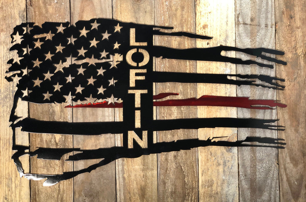 Personalized Tattered Thin Red Line American Flag Custom Metal Wall Art