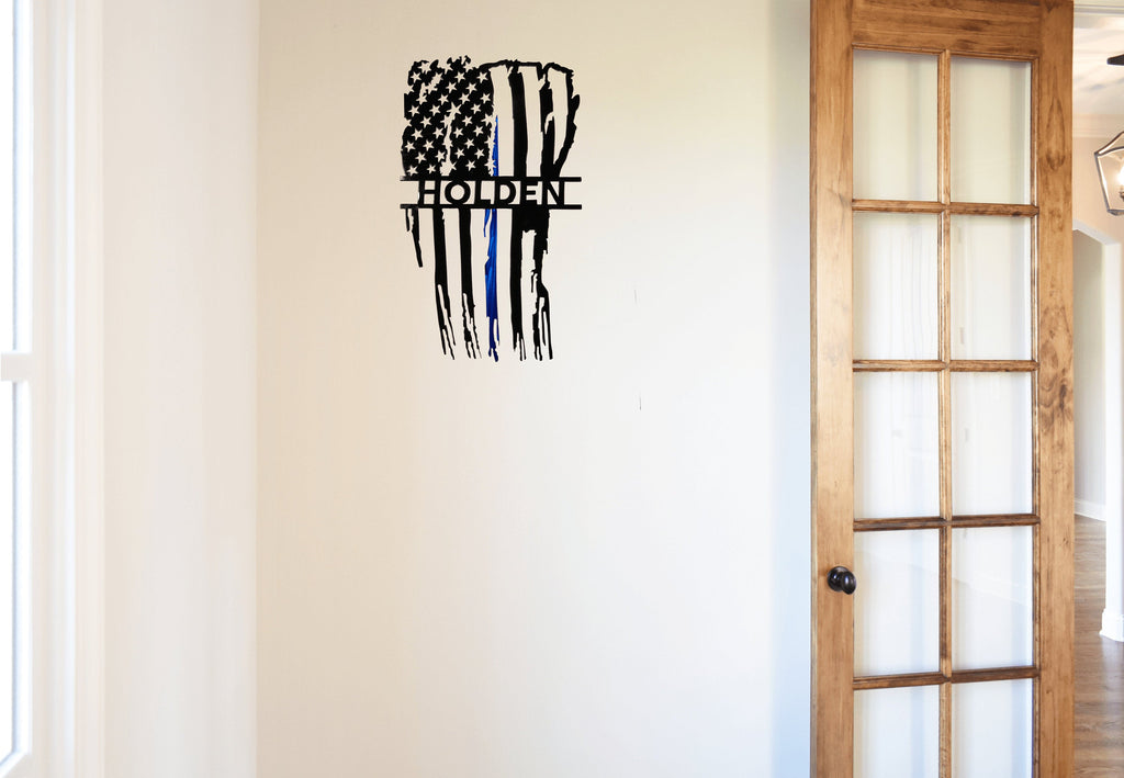 Personalized Vertical Tattered Thin Blue Line American Flag Custom Metal Wall Art