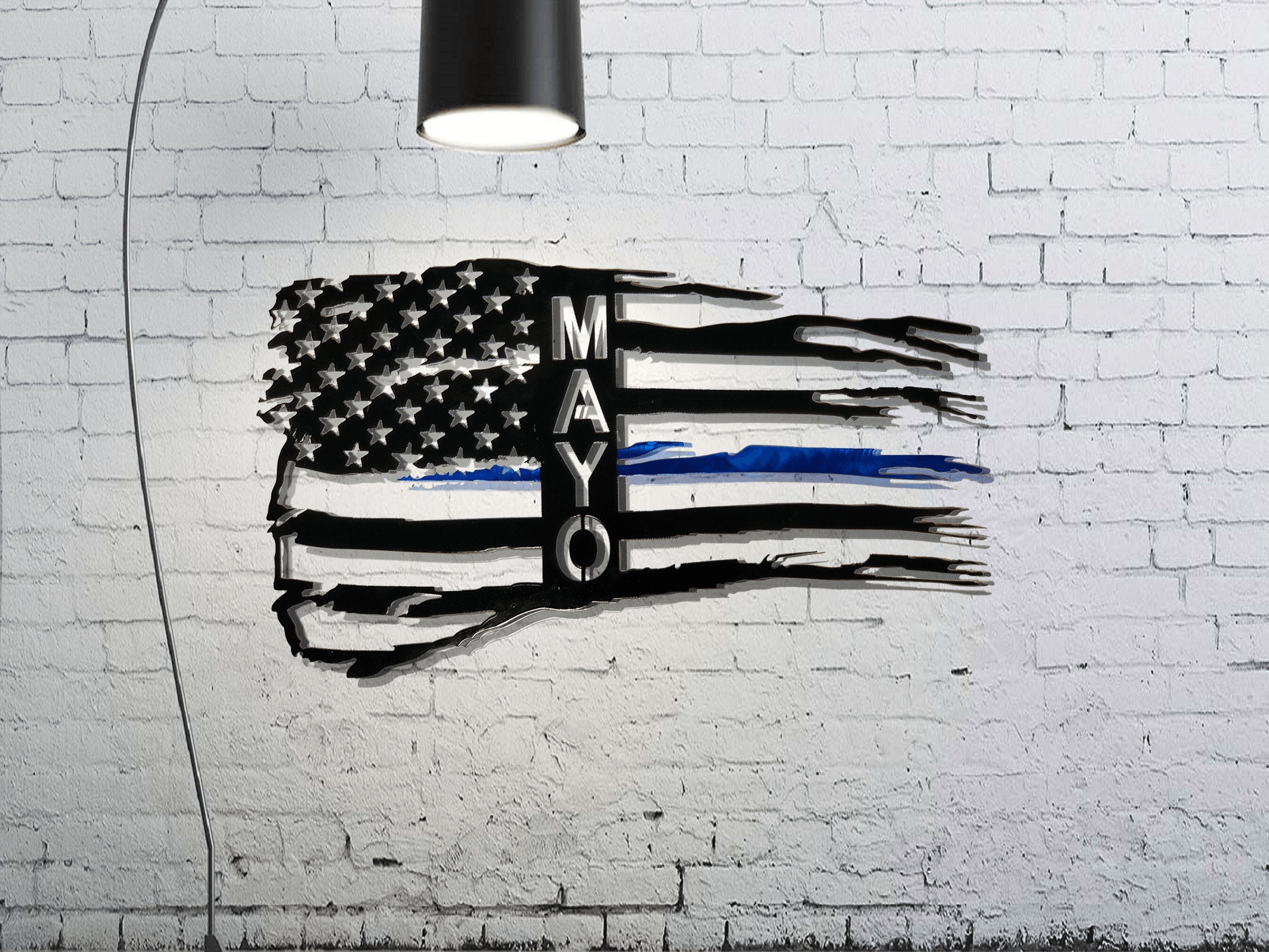Personalized Tattered Thin Blue Line American Flag Custom Metal Wall Art
