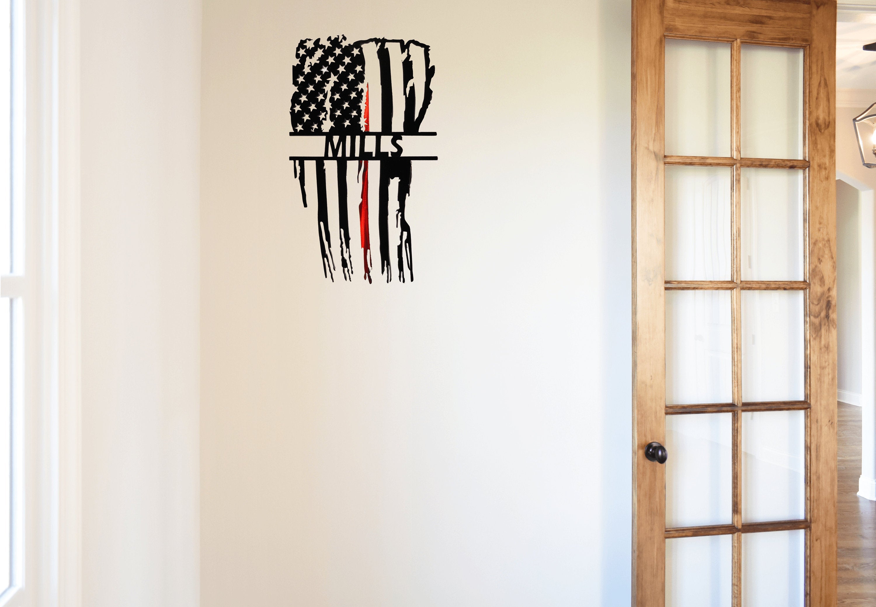 Personalized Vertical Tattered Thin Red Line American Flag Custom Metal Wall Art