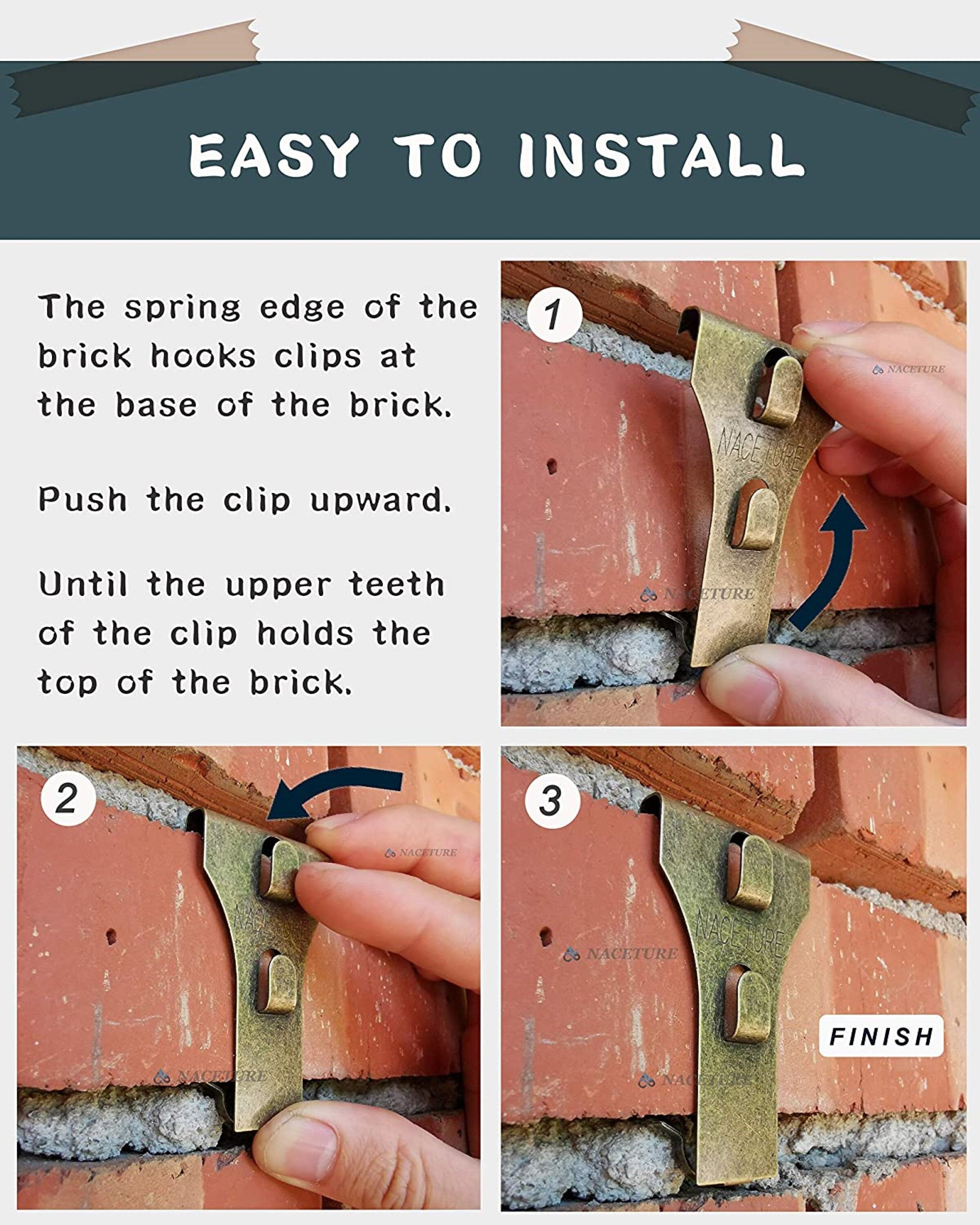 Brick Hook Clips - for Hanging Pictures, Metal Brick Hangers | Brick Fireplace Hooks for hanging decorations with out drilling into brick