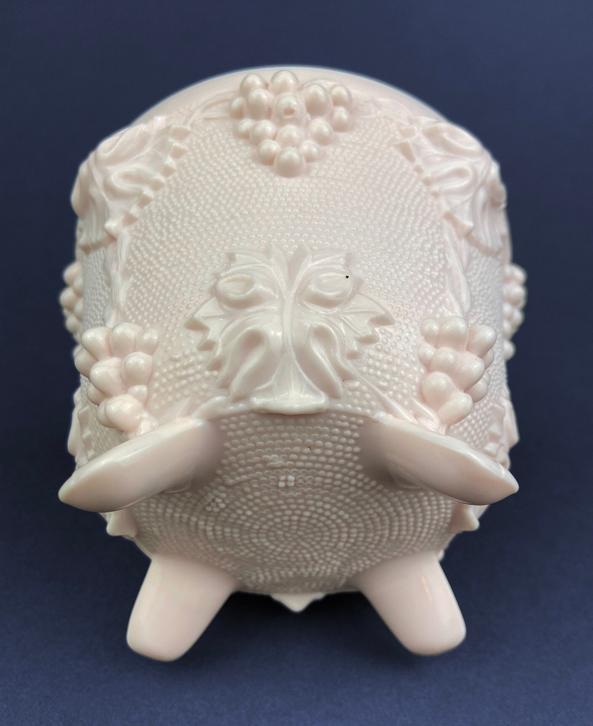 Pink Milk Glass Candy Dish with Lid, Grape Vine Motif