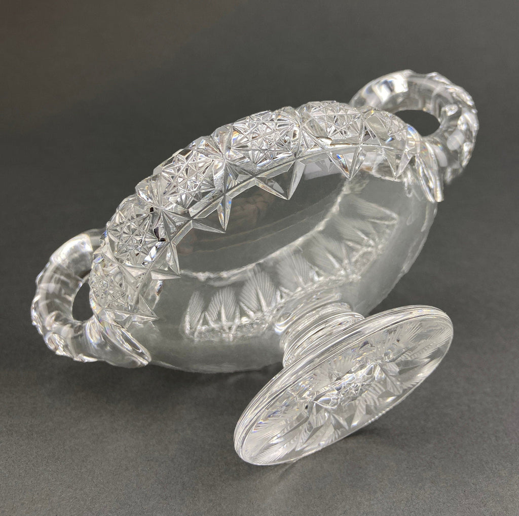 Cut Crystal Creamer and Sugar Bowls: Feather Cut Pattern, Set of Two
