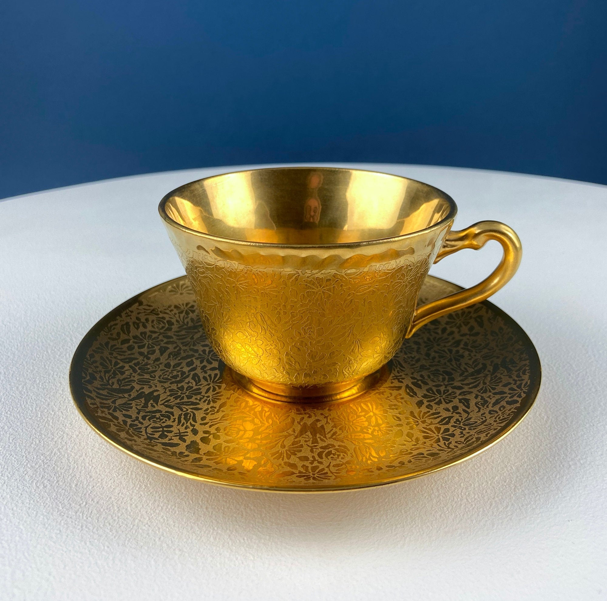 Gold on Gold Cup and Saucer by Wheeling, Germany, Paired with Stunning Gilded Hutschenreuther Serving Plate. Tea Set. Luxury Living.