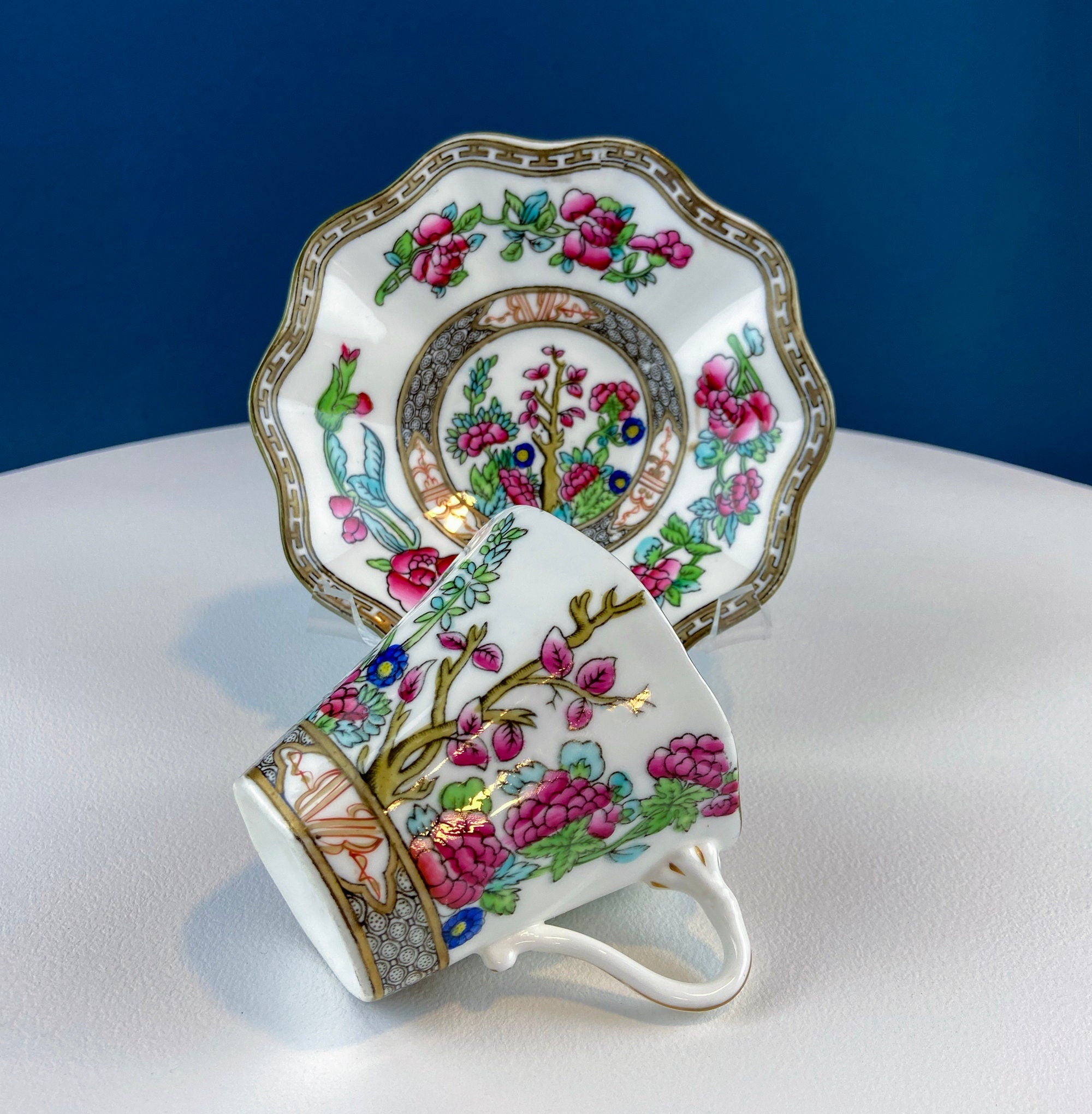 Vintage Royal Coalport Tea Cup and Saucer. Made in England. Stunning Hand Painted Asian Floral Motif. Peonies and Trees. Dining Room Decor.