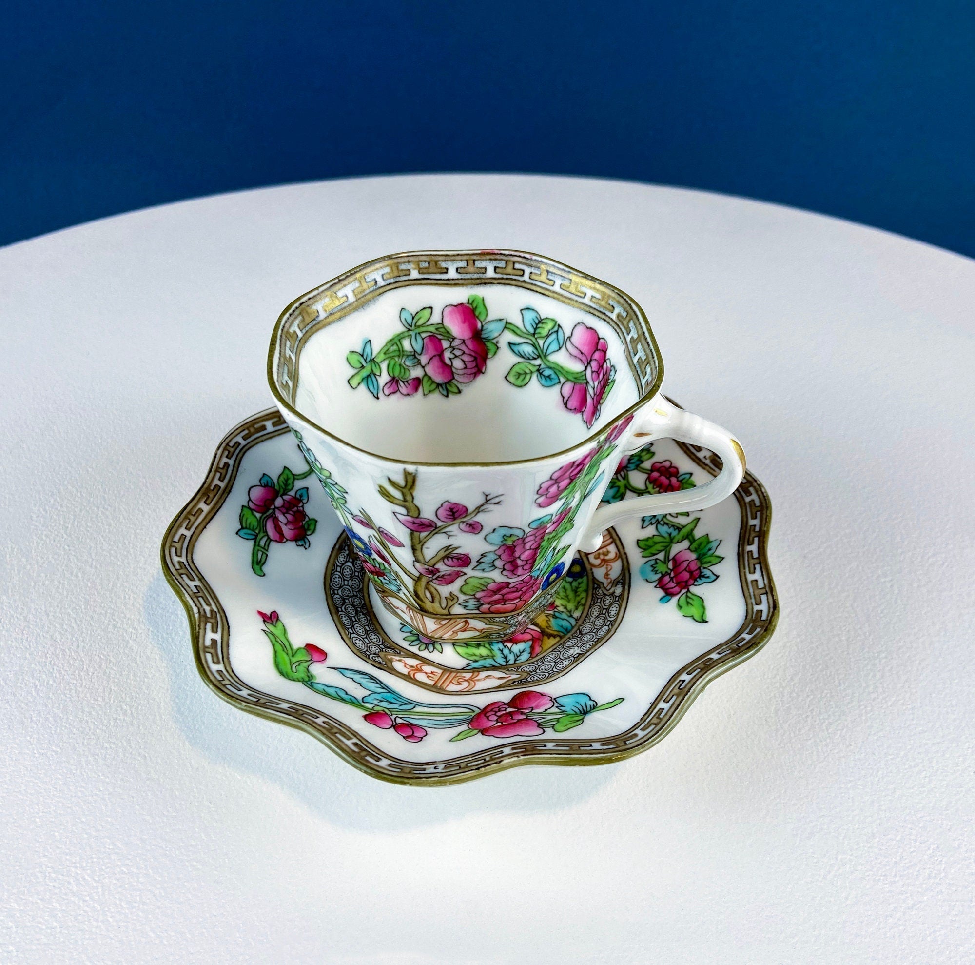 Vintage Royal Coalport Tea Cup and Saucer. Made in England. Stunning Hand Painted Asian Floral Motif. Peonies and Trees. Dining Room Decor.