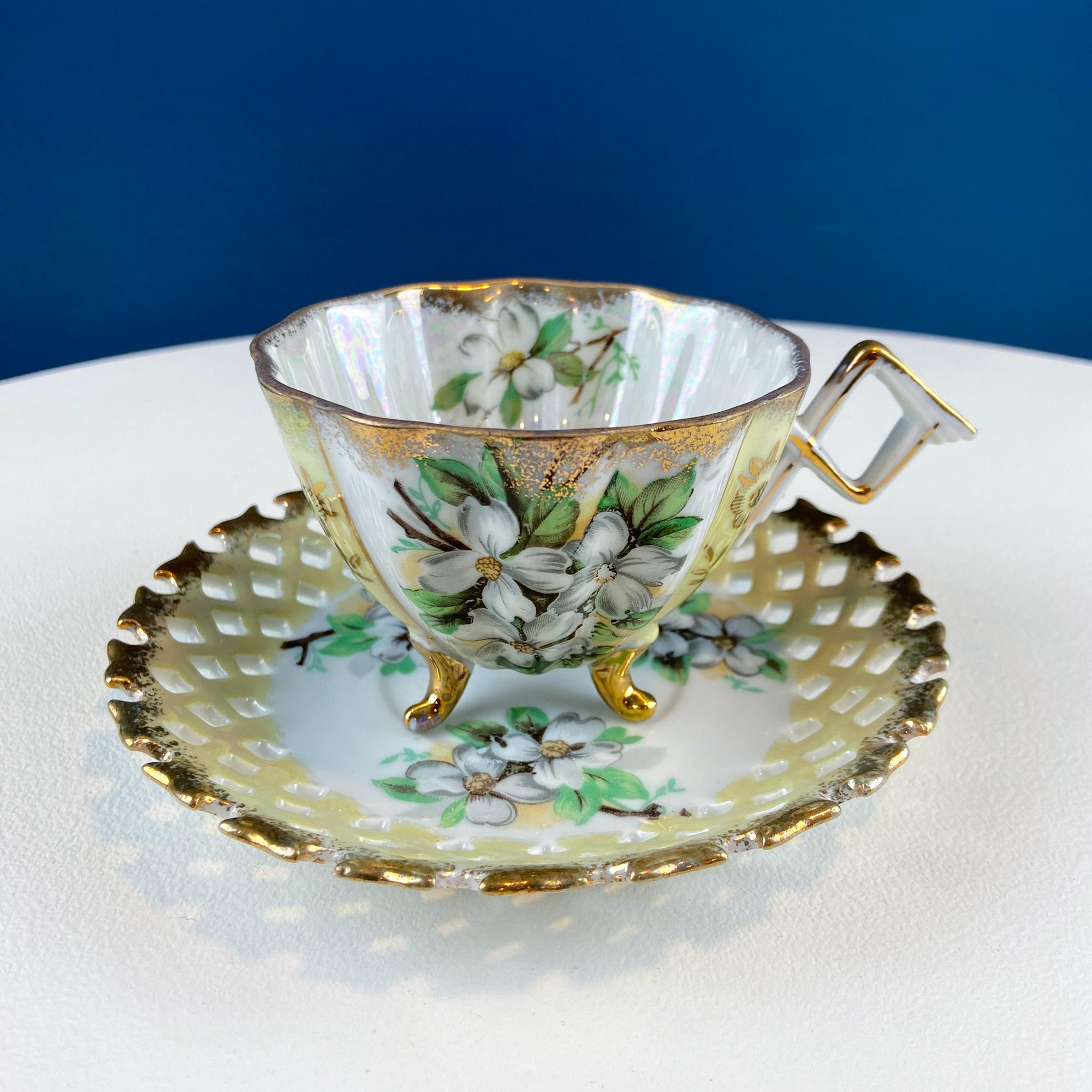 Vintage Iridescent Pearlescent Cup & Saucer. Light Yellow Reticulated Saucer. Jasmine Motif.  Dining Room Decor. Gift for Tea Lover.