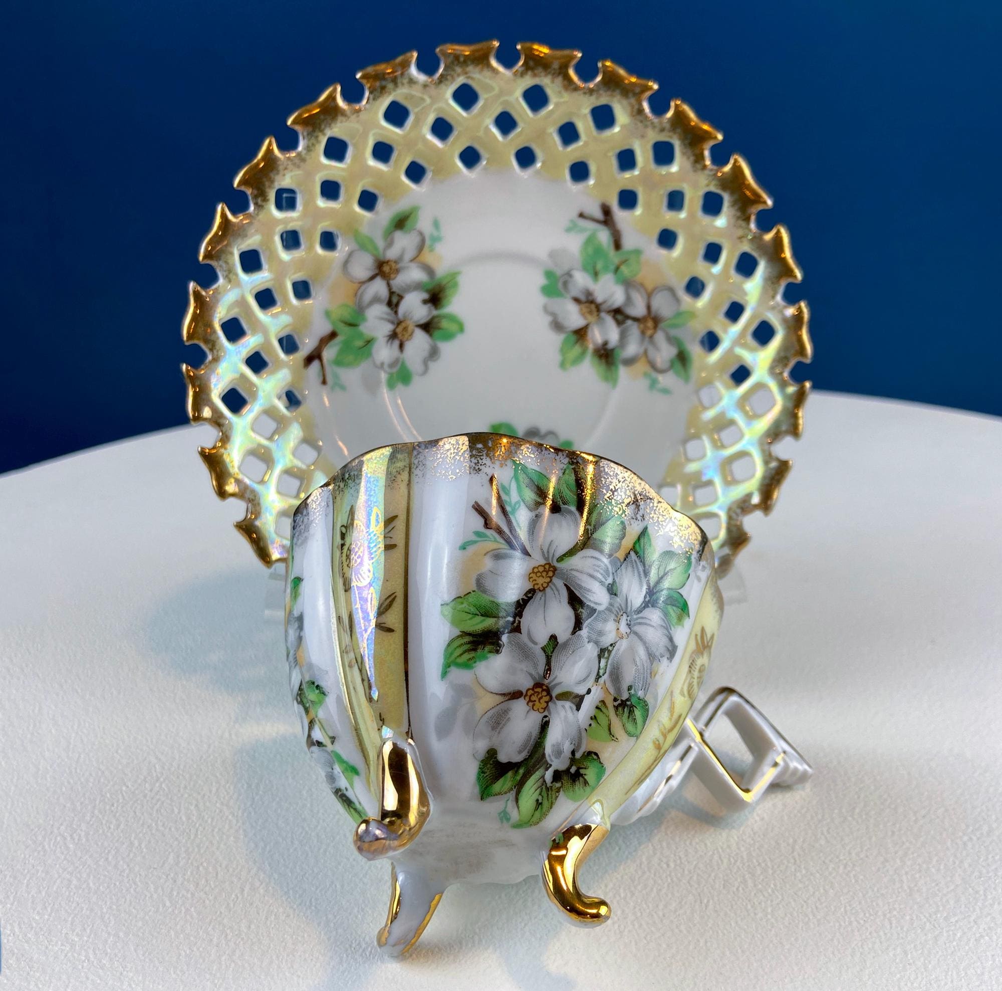 Vintage Iridescent Pearlescent Cup & Saucer. Light Yellow Reticulated Saucer. Jasmine Motif.  Dining Room Decor. Gift for Tea Lover.