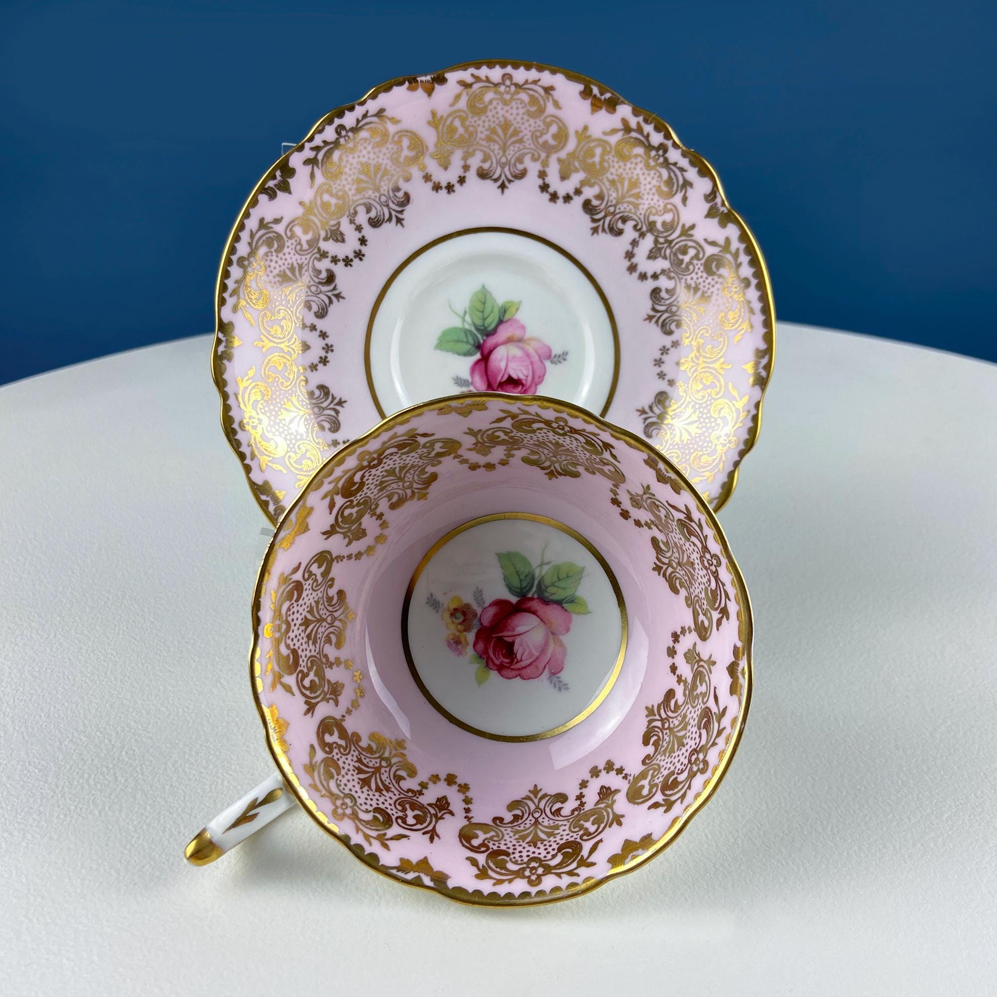 Vintage Paragon Pink Tea Coffee Cup & Saucer. Red Rose Motif and Gold Floral Border. Collectible Dining Room Decor. Gift for Him or Her.