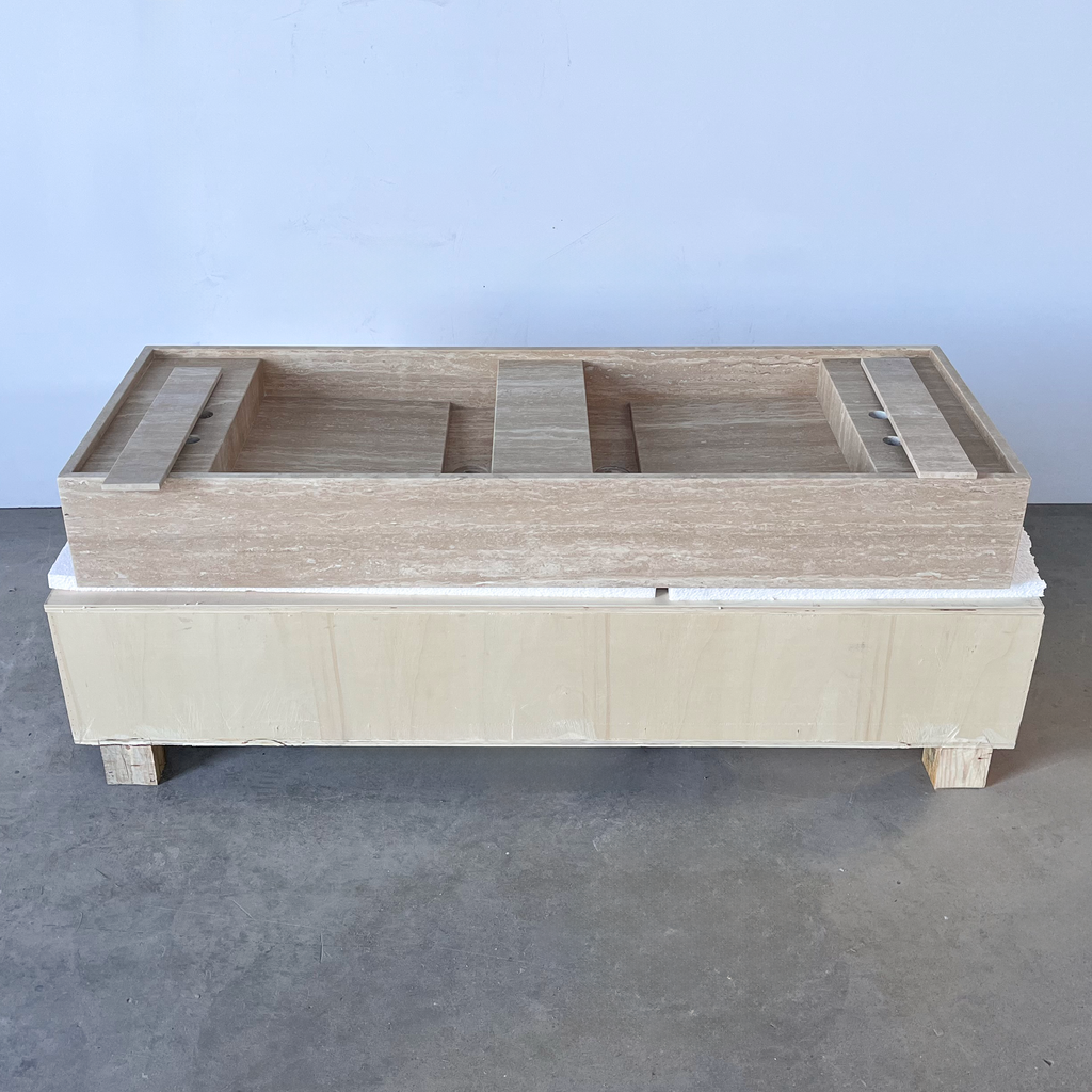 Handcrafted Natural Beige Travertine Bathroom Sink Custom Artisan Vein Cut Stone