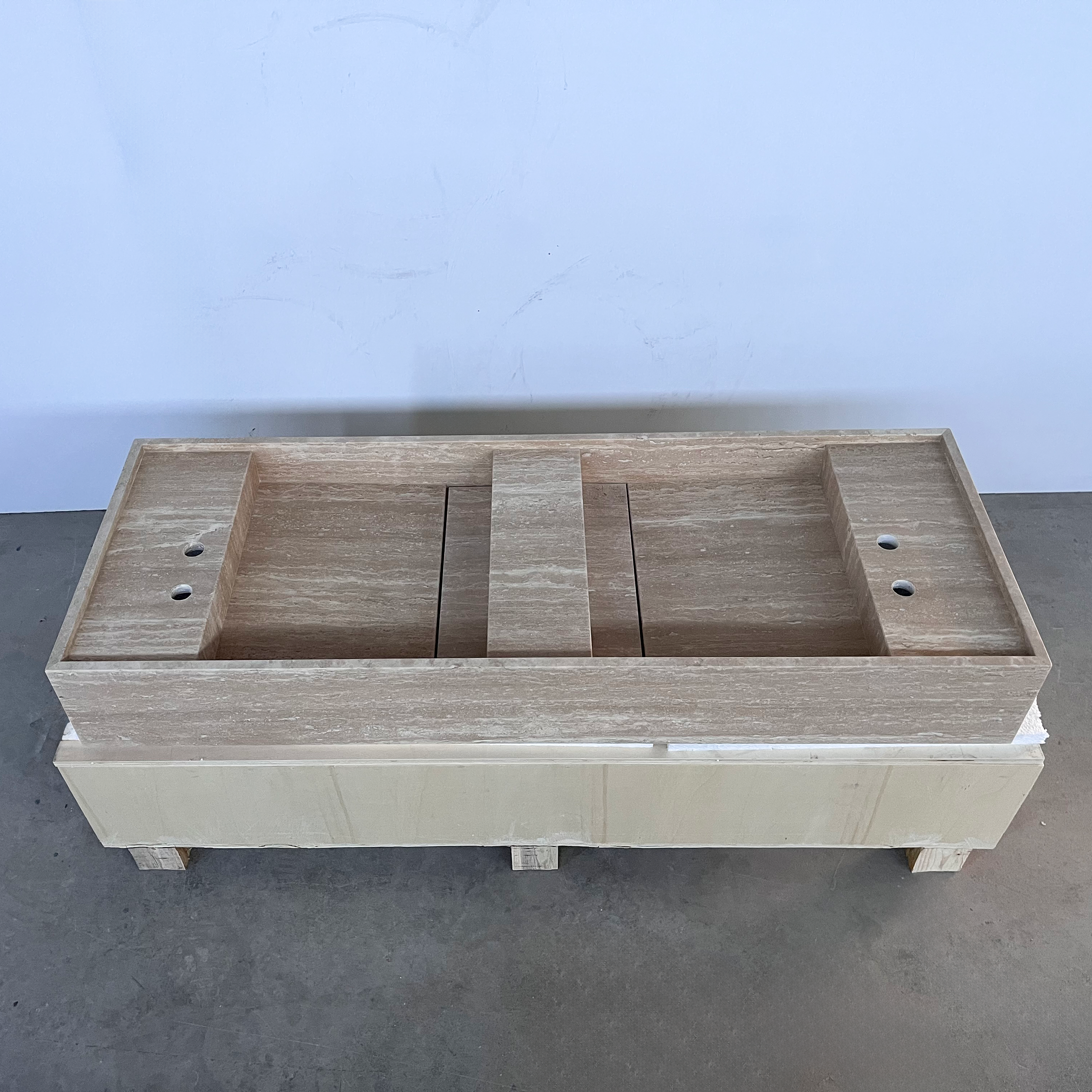 Handcrafted Natural Beige Travertine Bathroom Sink Custom Artisan Vein Cut Stone