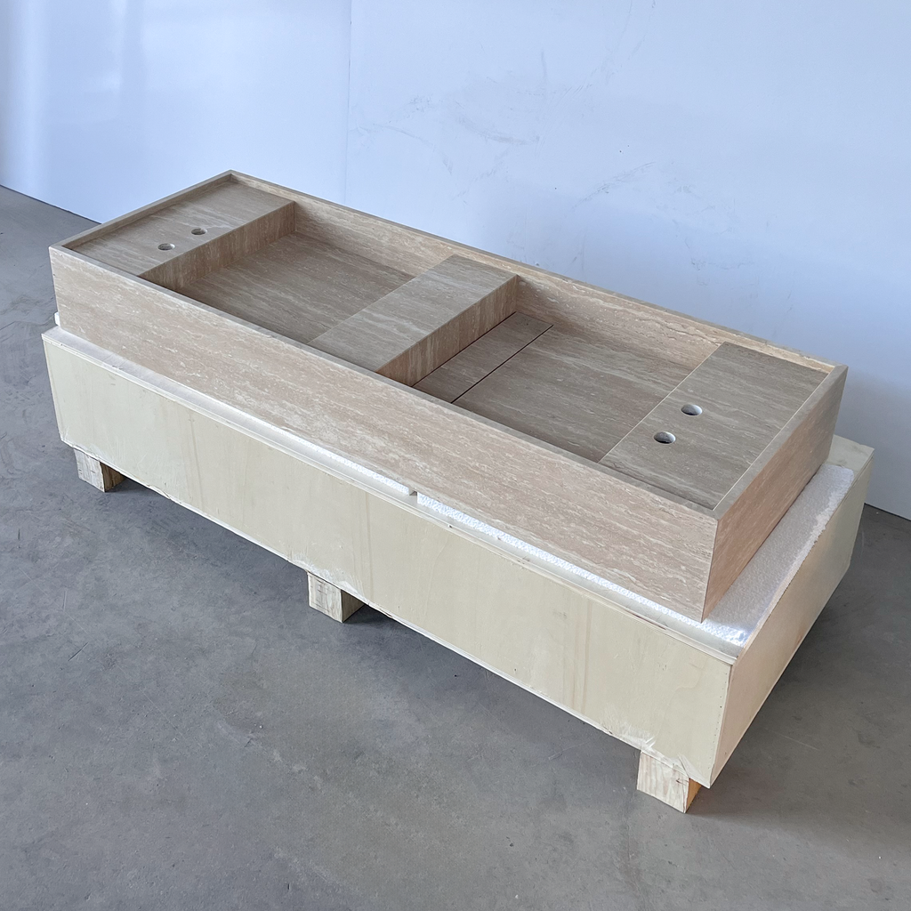 Handcrafted Natural Beige Travertine Bathroom Sink Custom Artisan Vein Cut Stone