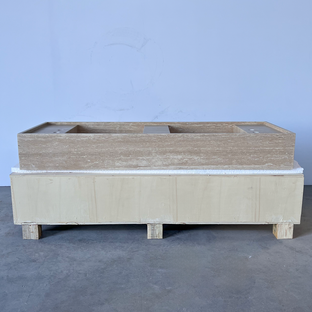 Handcrafted Natural Beige Travertine Bathroom Sink Custom Artisan Vein Cut Stone