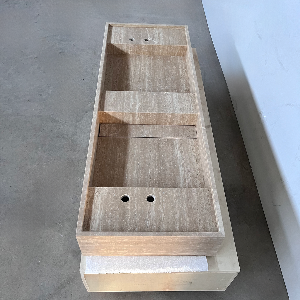 Handcrafted Natural Beige Travertine Bathroom Sink Custom Artisan Vein Cut Stone