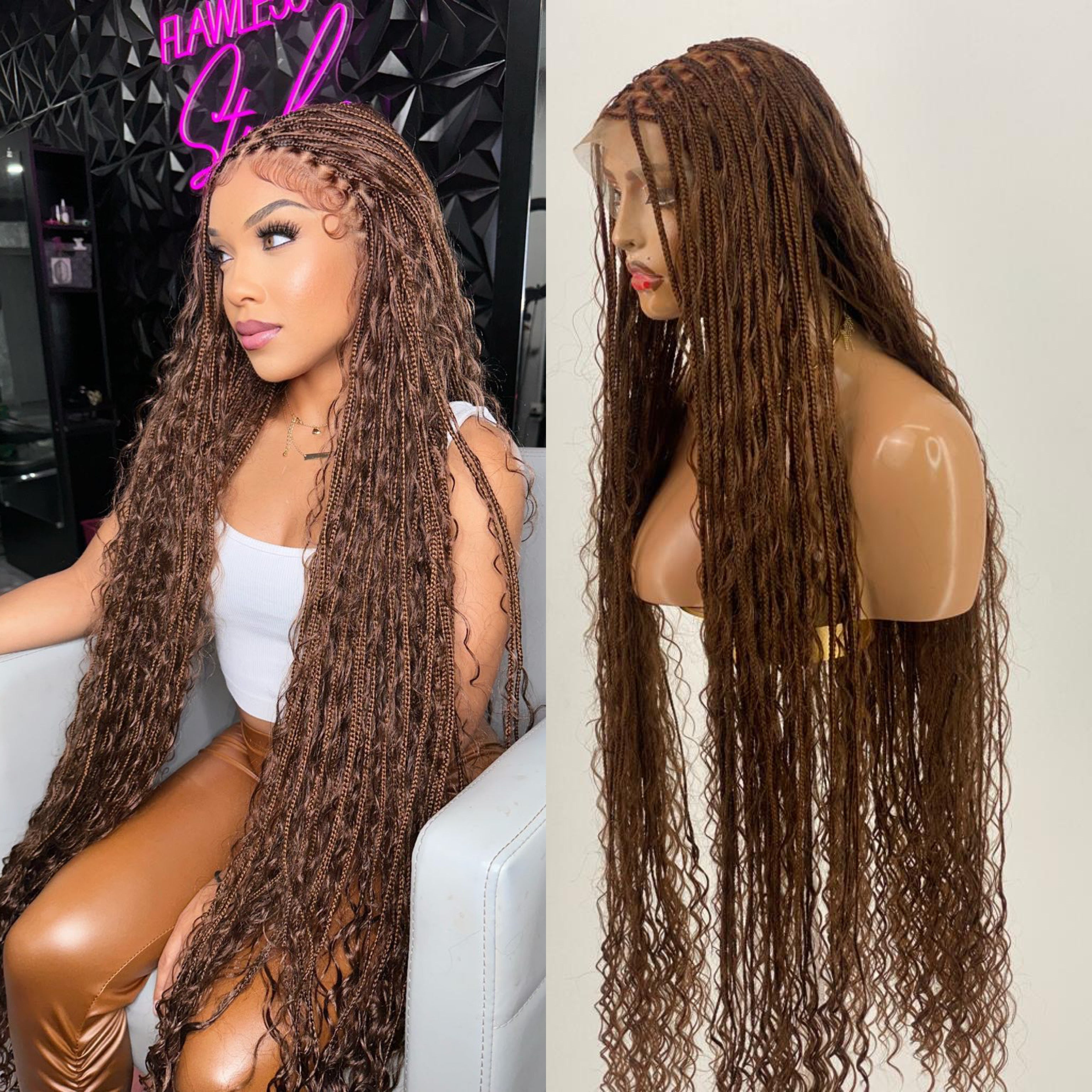 Bohemian Knotless Braid Wig, Swiss Full Lace, Color 30, Tailbone Length - Demi