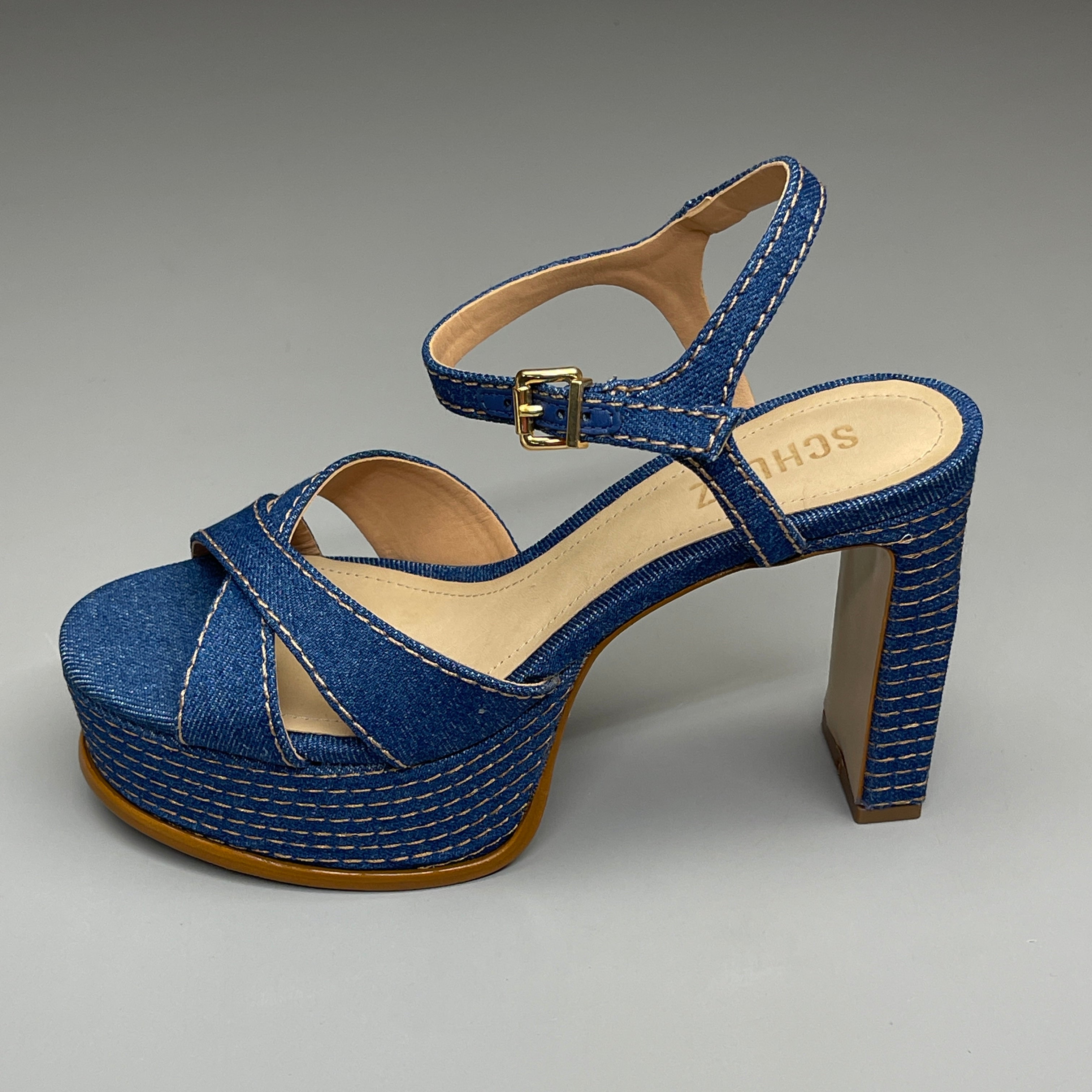 SCHUTZ Keefa Casual Denim Women's 4" Heeled Sandal Platform Blue Sz 7B(New)