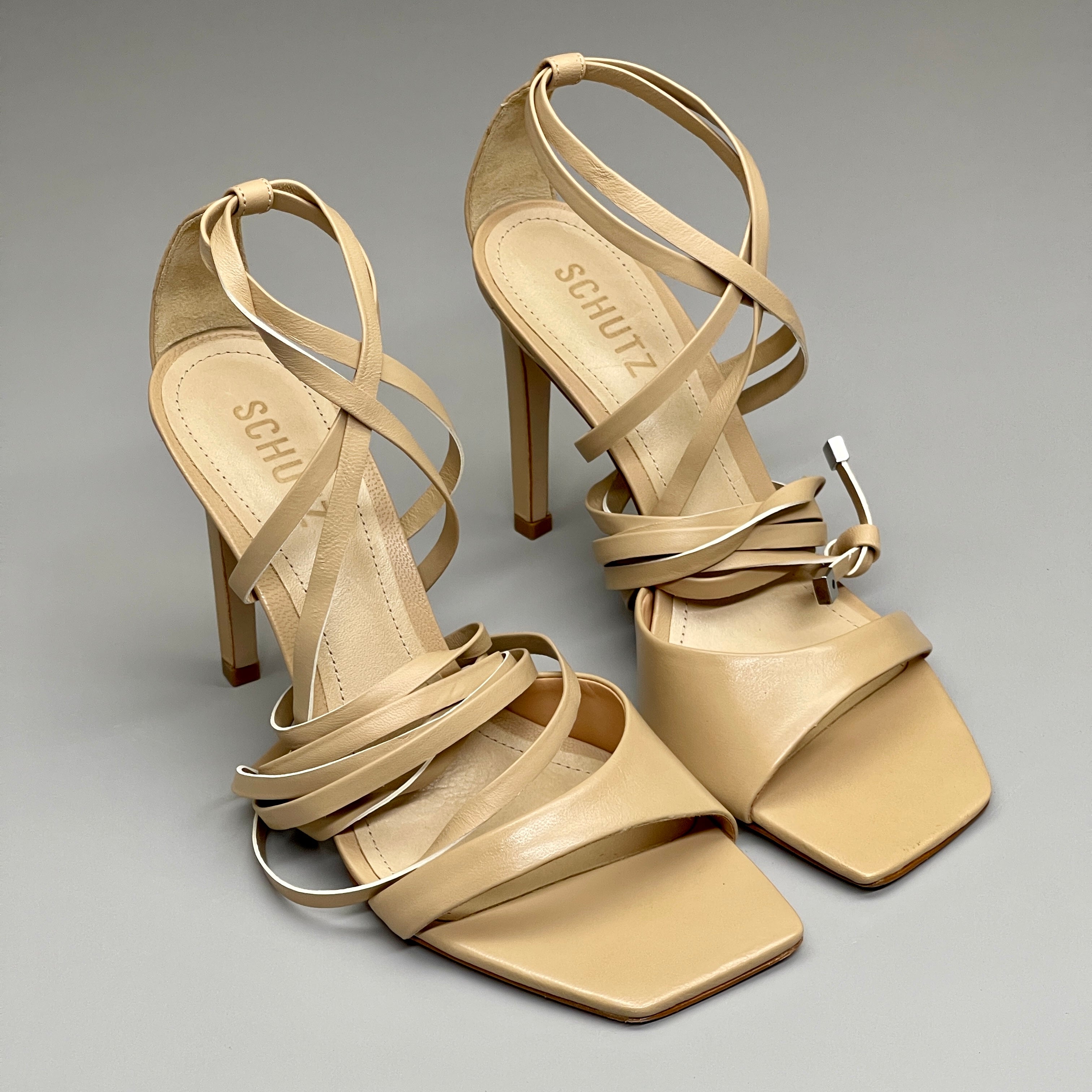 SCHUTZ Bryce Ankle Tie Women's Leather High Heel Sandal Light Nude Sz 7.5B (New)