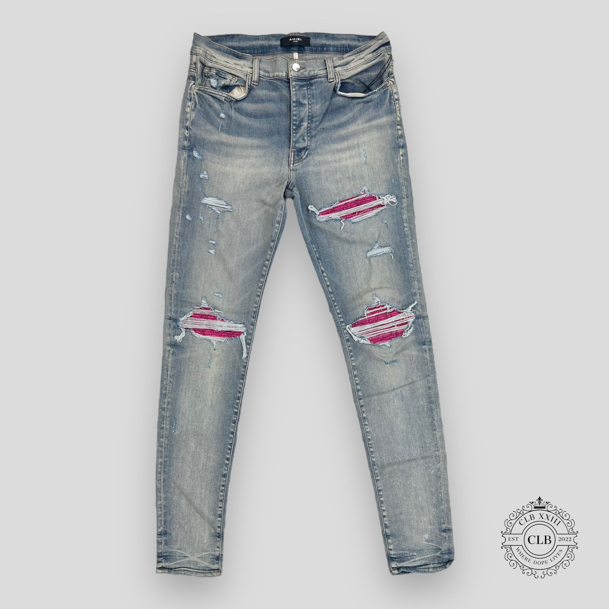 AMIRI MX1 CRACKED PAINT JEANS - CLAY INDIGO/PINK