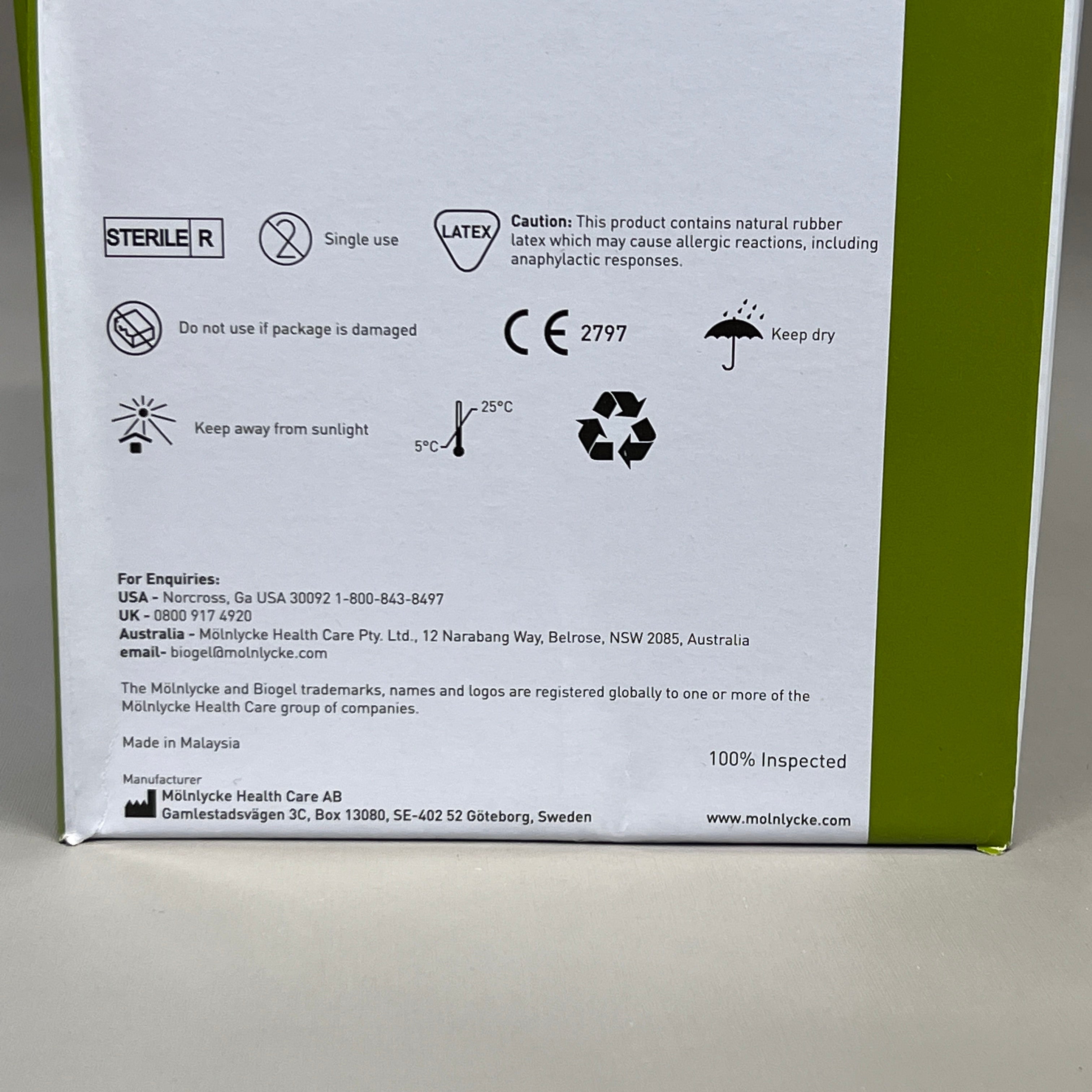 MOLNLYCKE Biogel Latex Surgical Indicator Underglove SZ 7.5 Green 50 Pairs 31275 (New)