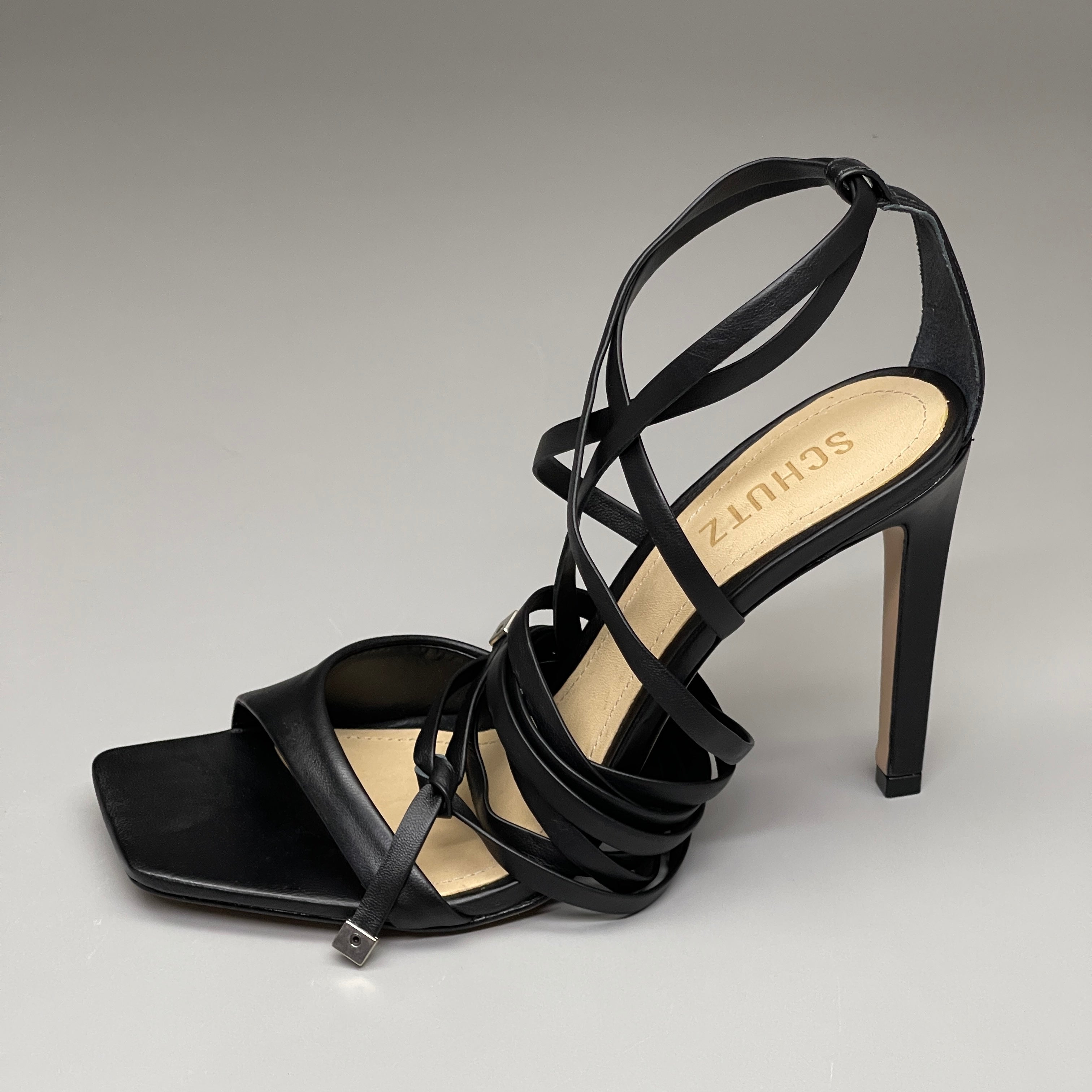 SCHUTZ Bryce Ankle Tie Women's Leather High Heel Strappy Sandal Black Sz 8.5B (New)