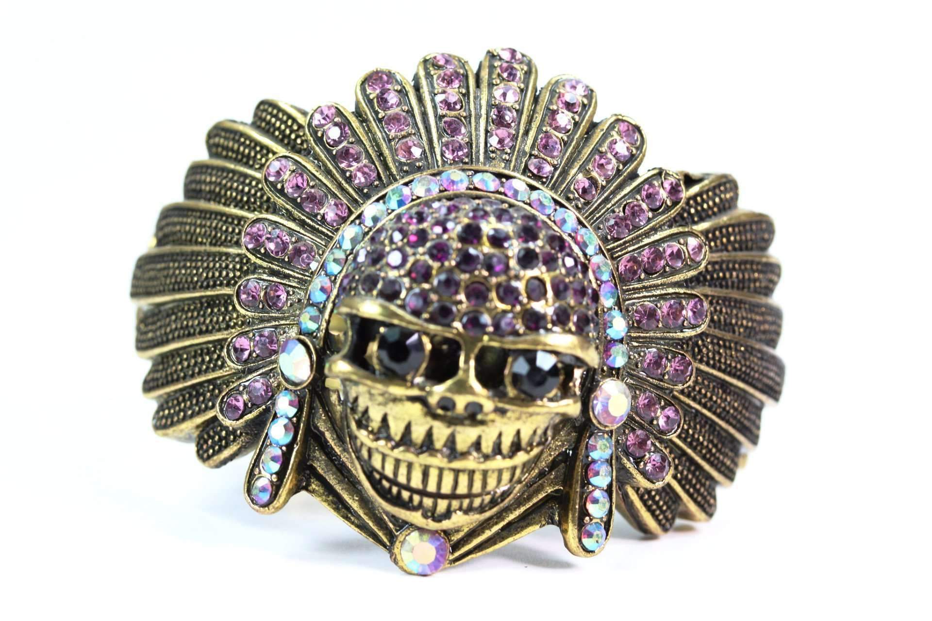 Indian Chief Skull Bangle Vintage Gold Crystal Headdress