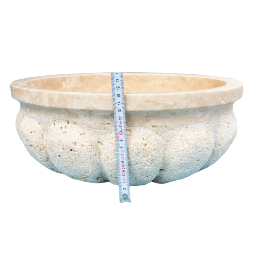 Light Travertine Pumpkin Shaped Vessel Sink Honed Natural Stone 16 x 6 Inches