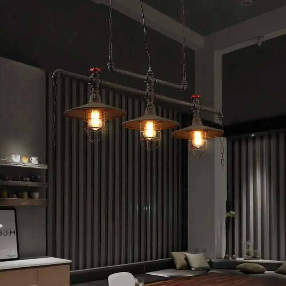 DecorBites™ Rustic Cone Island Pendant Light with Wire Frame, Pipe and 3 Bulbs - Dark Rust Iron Hanging Island Light