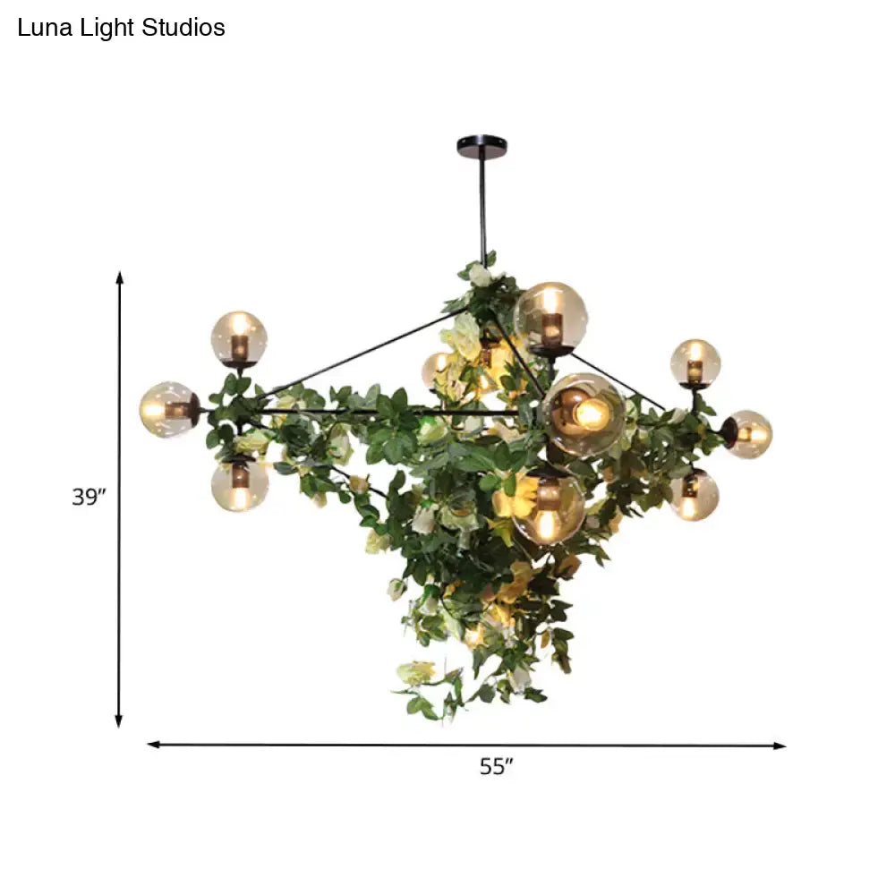 DecorBites™ Industrial Globe Smoke Gray Glass Hanging Light with Geometric Cage, 10/14-Bulb Island Pendant in Black