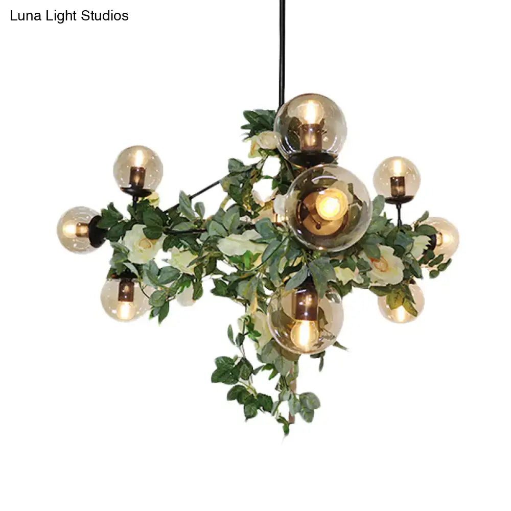 DecorBites™ Industrial Globe Smoke Gray Glass Hanging Light with Geometric Cage, 10/14-Bulb Island Pendant in Black