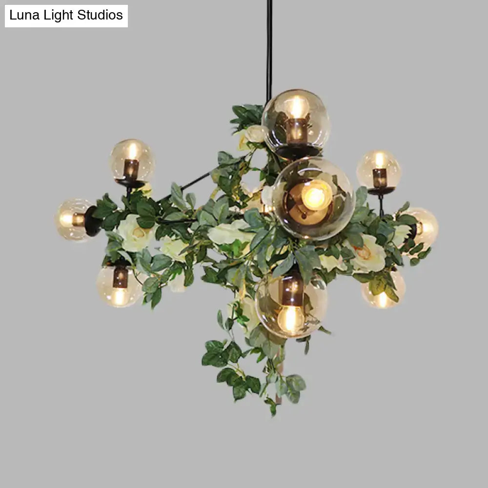 DecorBites™ Industrial Globe Smoke Gray Glass Hanging Light with Geometric Cage, 10/14-Bulb Island Pendant in Black