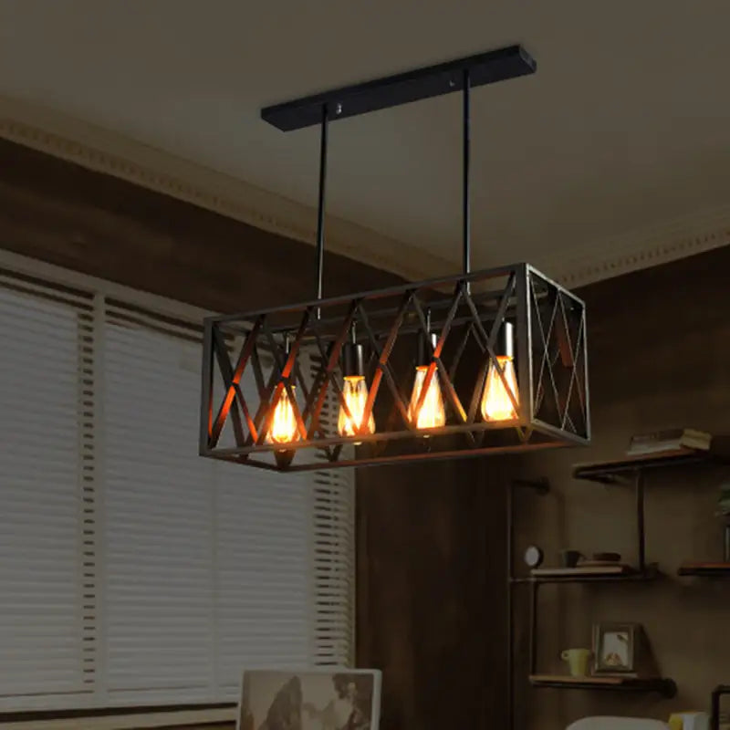 Industrial style black ironwork rectangular island light for kitchen