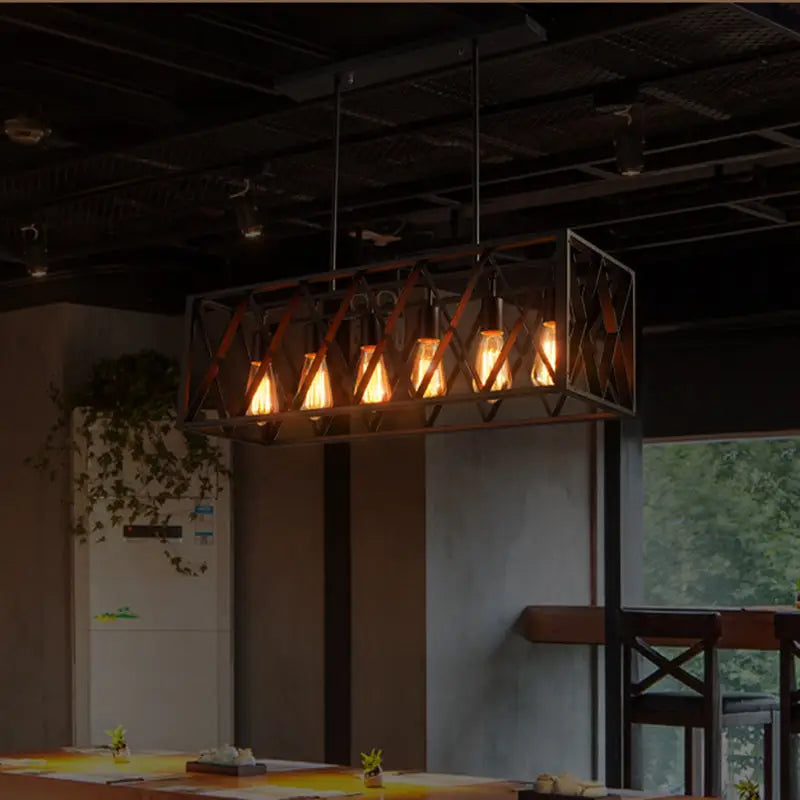 Industrial style black ironwork rectangular island light for kitchen