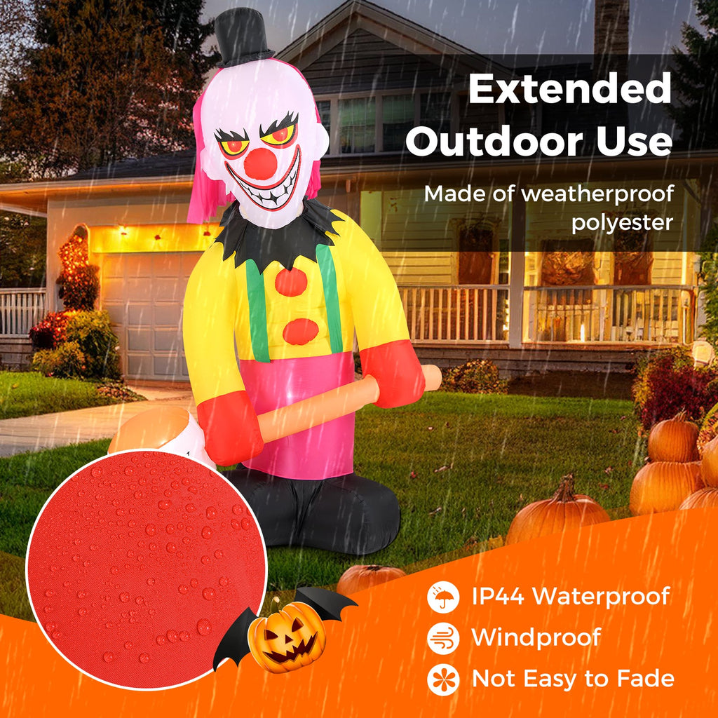 5.9 x 7.9 FT Inflatable Halloween Head Turning Clown with Hammer and Flashing Eyes
