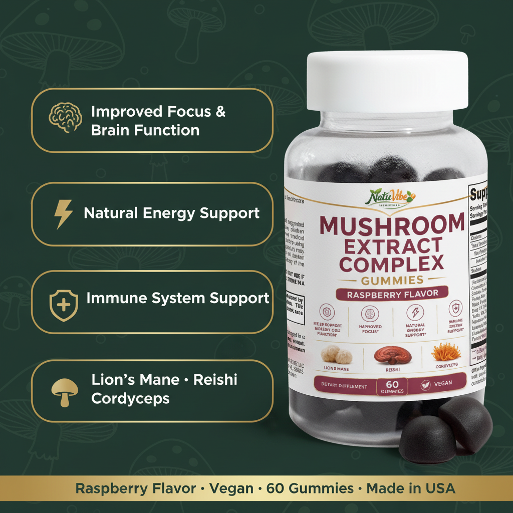 Mushroom Extract Complex Gummies – Lion’s Mane, Reishi & Cordyceps | Focus, Energy & Immunity | 60 Gummies