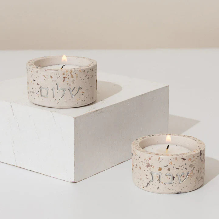 Designed Shabbat CandleHolder made of rich terrazzo in luxurious colors, featuring a "Shabbat Shalom" engraving – Terrazzo Model