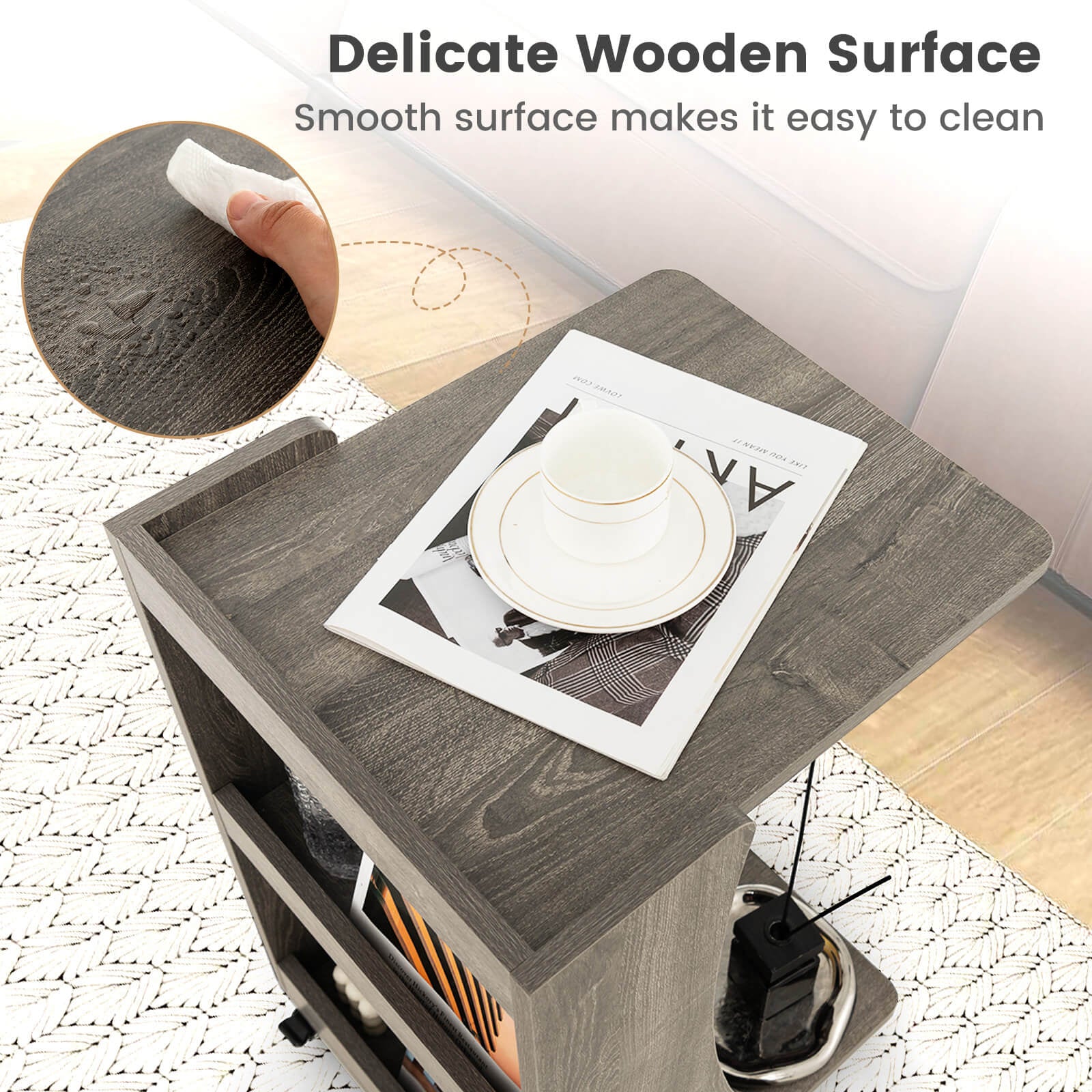 C-shaped Rolling End Side with Back Storage Shelves beside Sofa