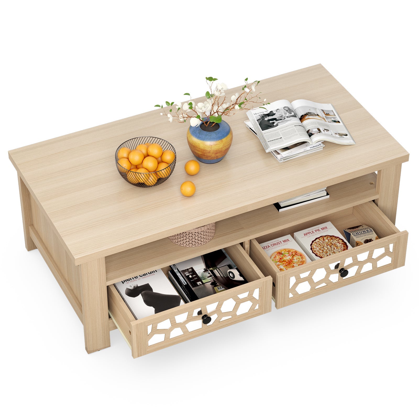 3-tier Coffee Table with 2 Drawers and 5 Support Legs