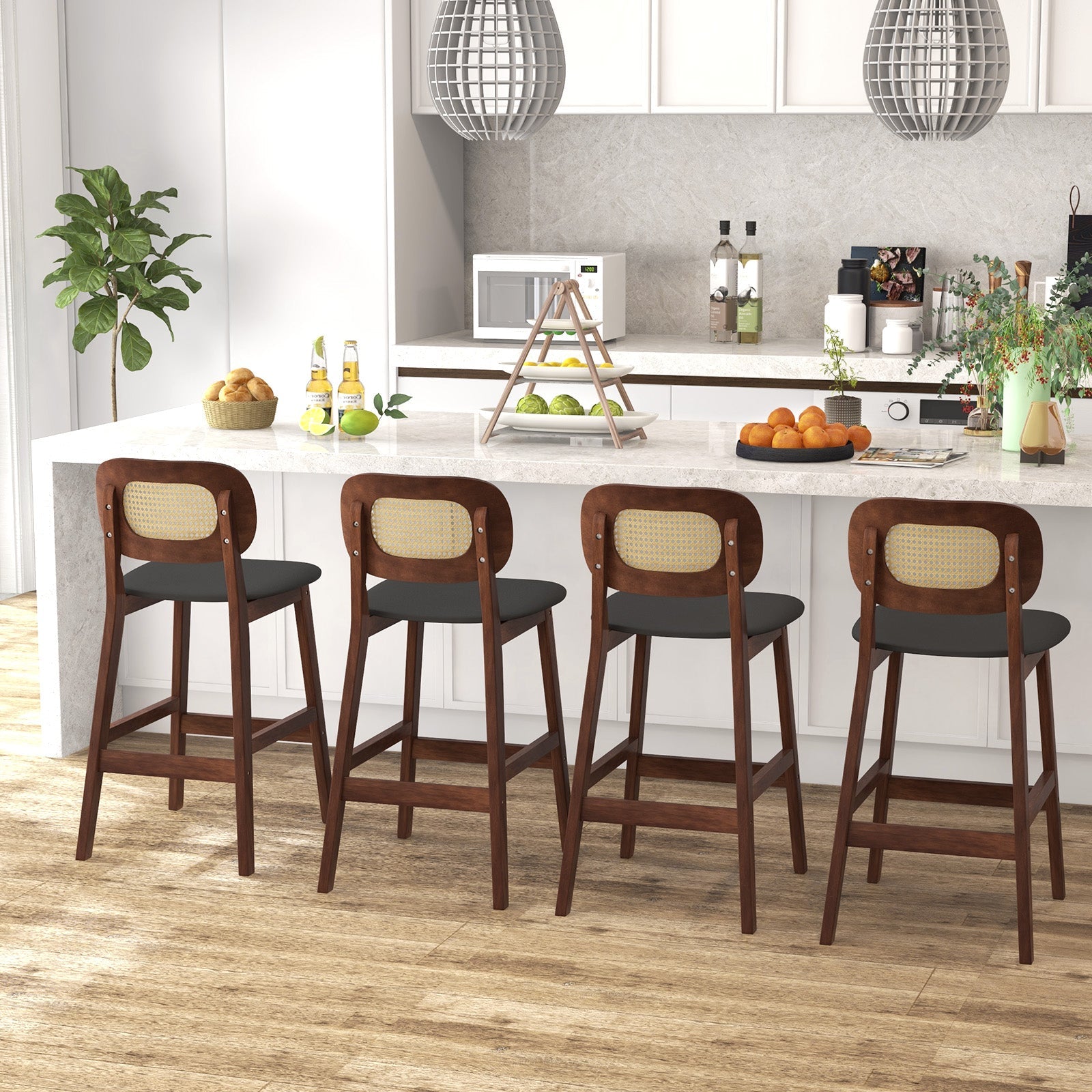 Wood Bar Chairs with PE Rattan Backrest Padded Seat and Footrest-Brown