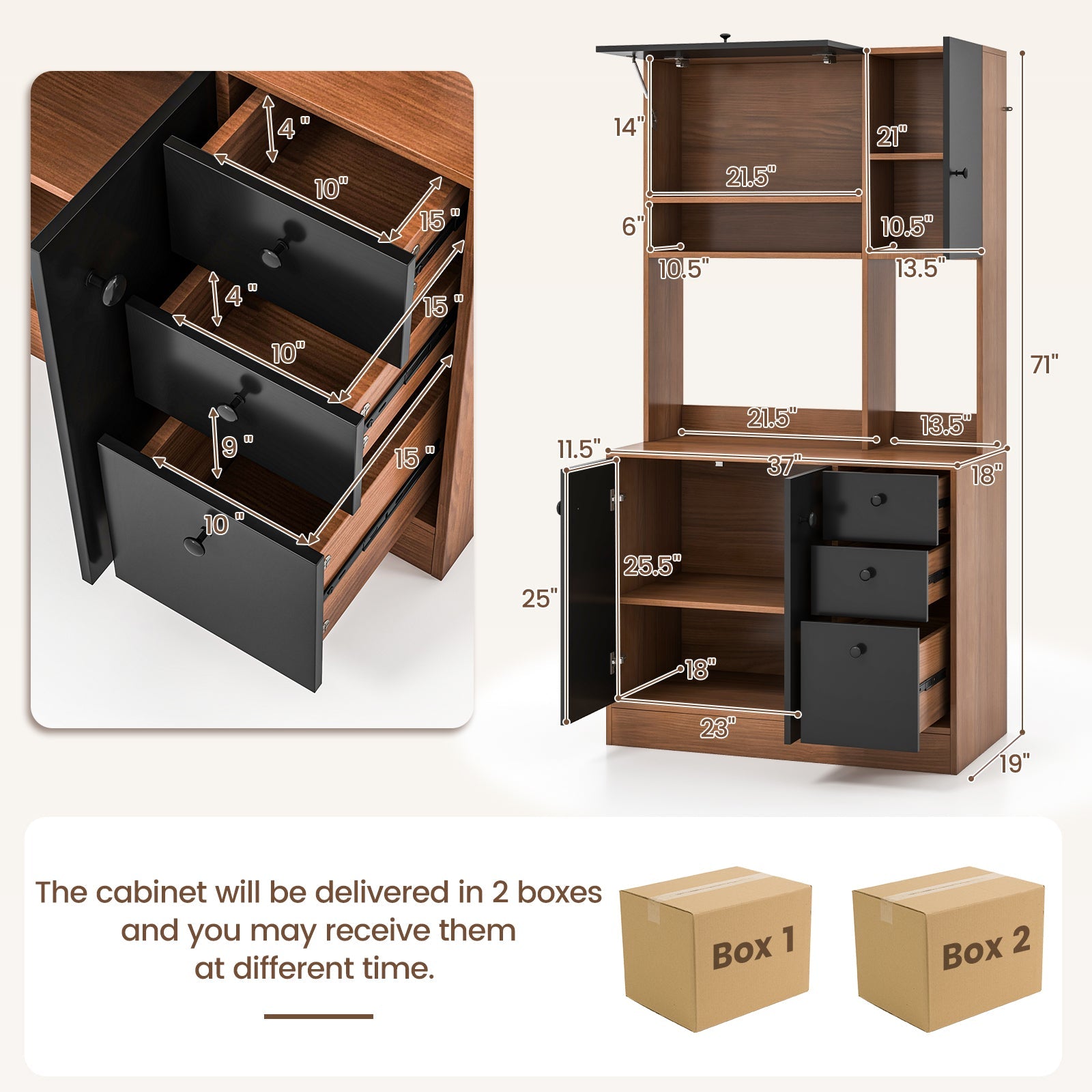 71 Inch Kitchen Pantry with 3 Storage Cabinet and 3 Deep Drawers