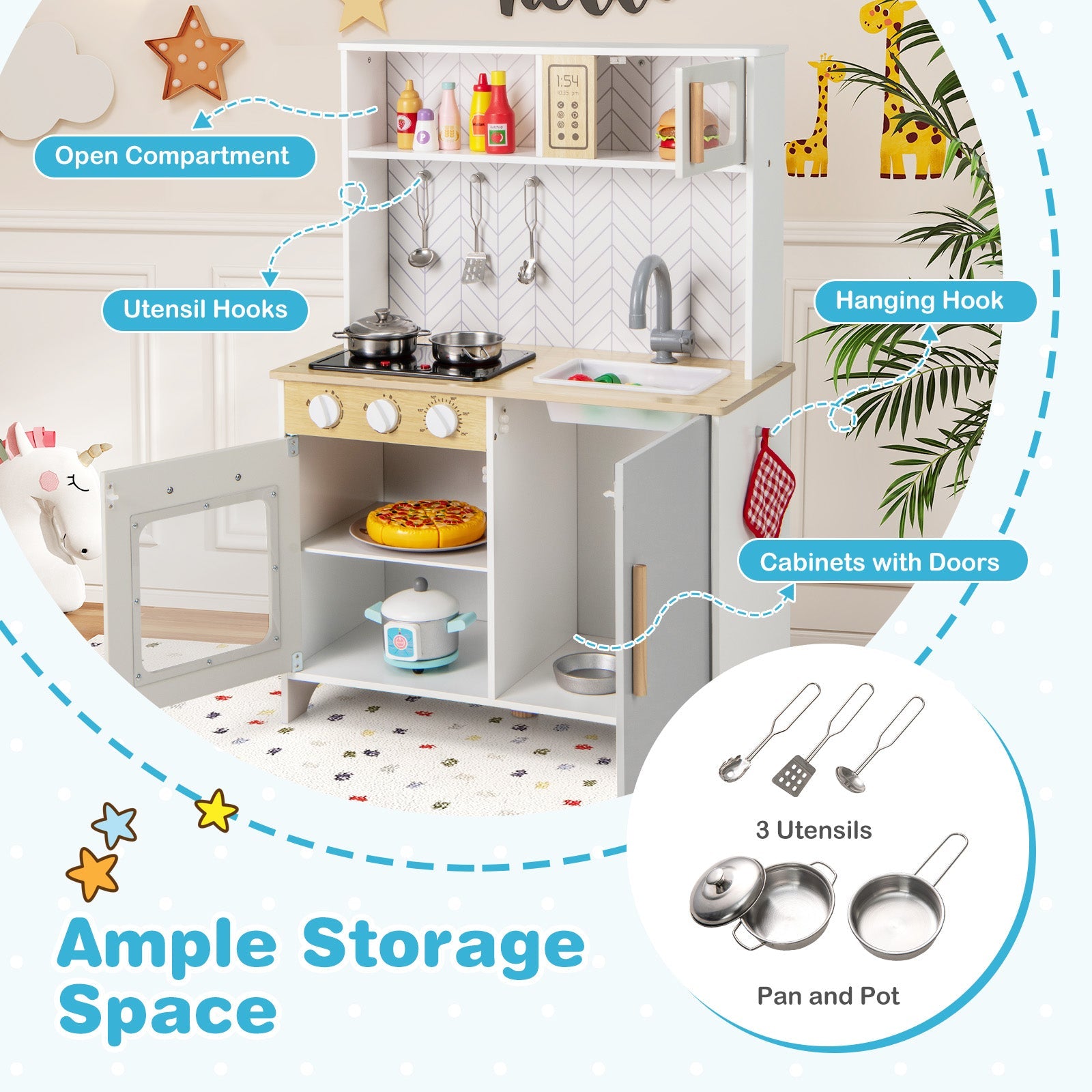 Kids Kitchen Playset with Lights Sounds Microwave Stoves Sink Oven and Cooking Accessories-White