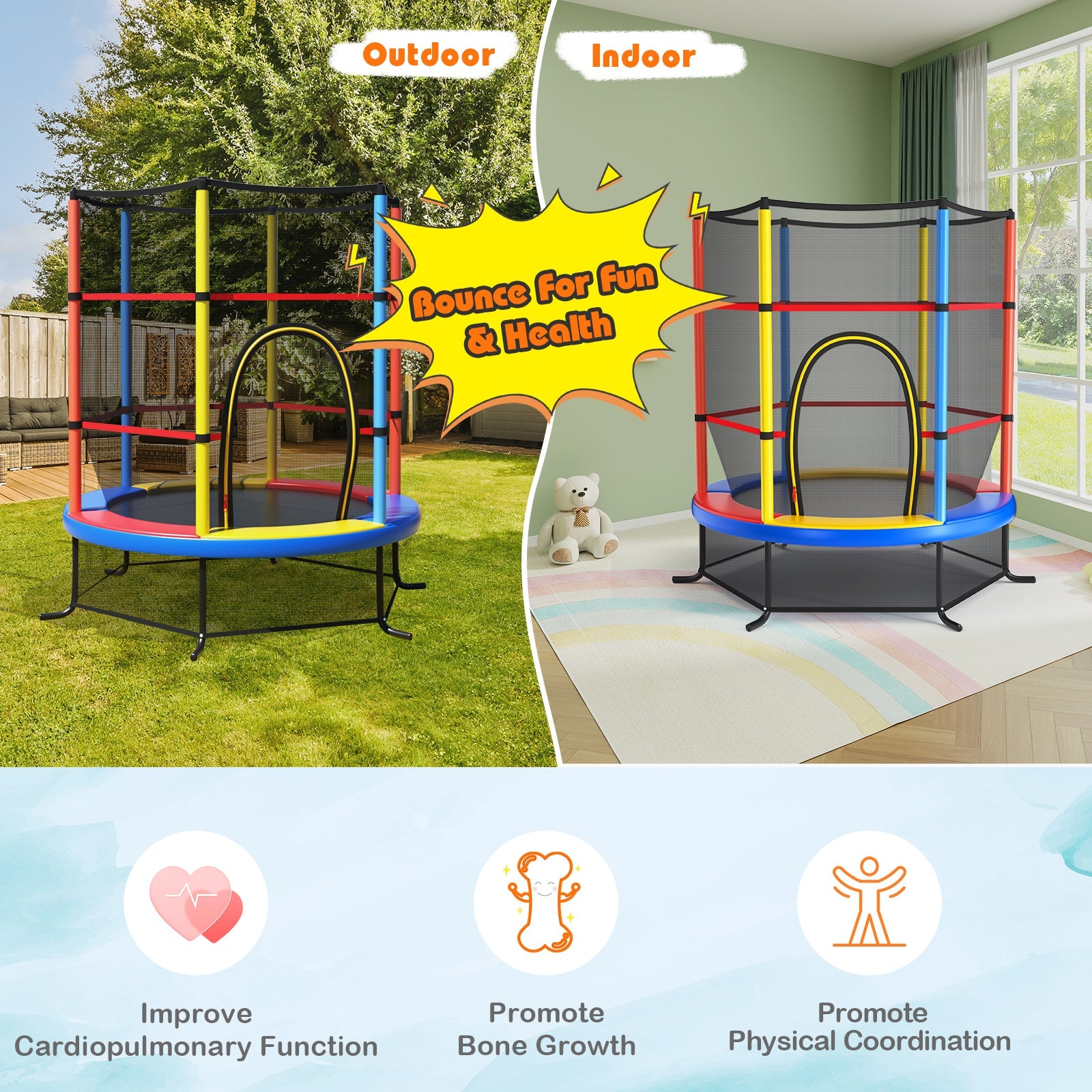 55 Inch Kids Recreational Trampoline Bouncing Jumping Mat with Enclosure Net