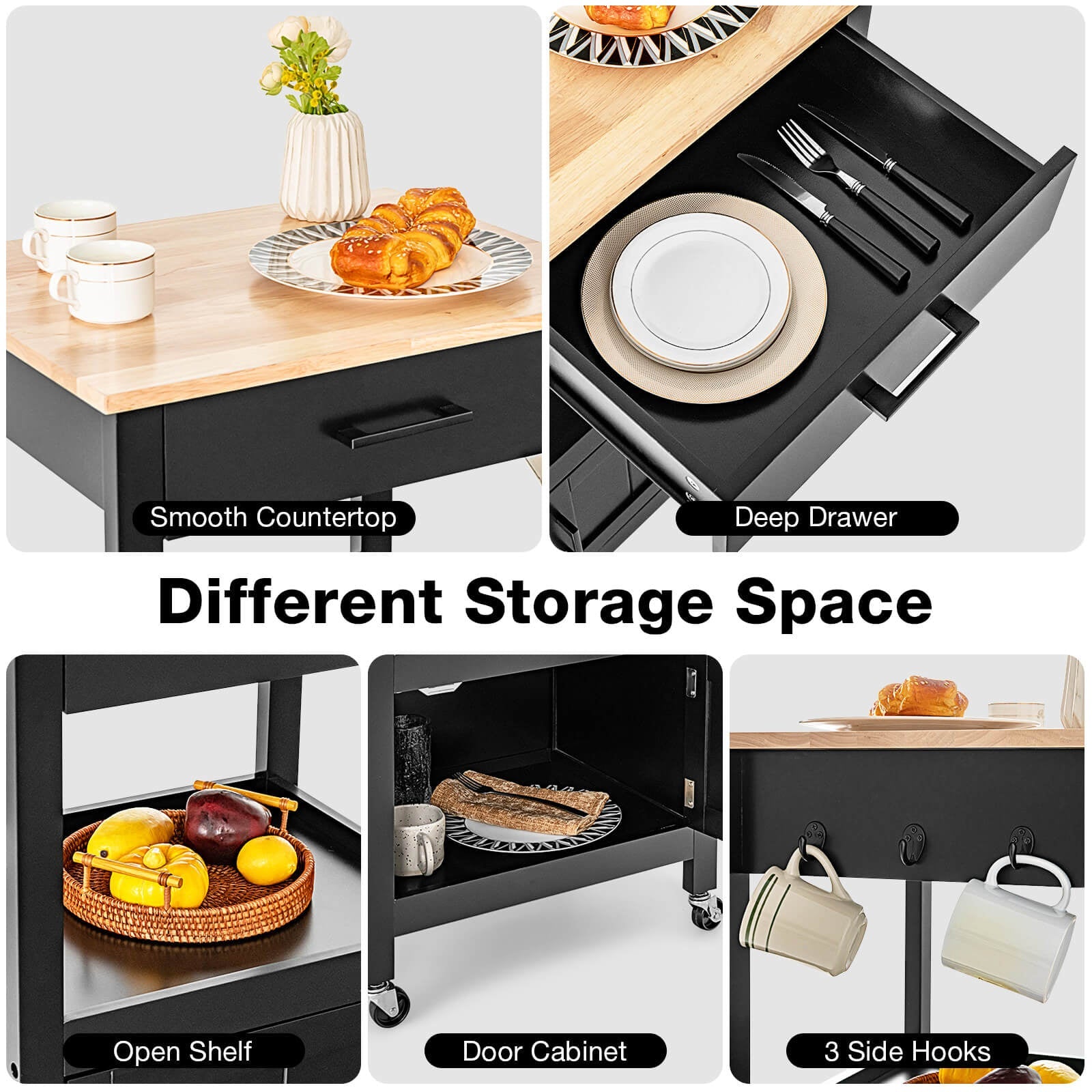 Kitchen Island with Storage Drawer and 3 Hooks