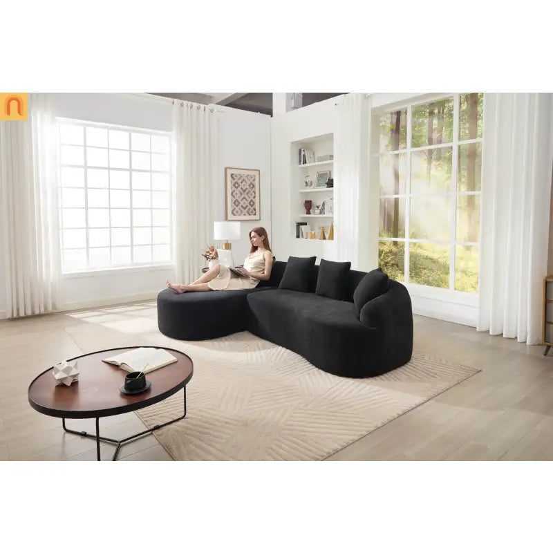 Sectional Sofa L-Shape Curved Chaise Chenille Black 3 Seat 99 In