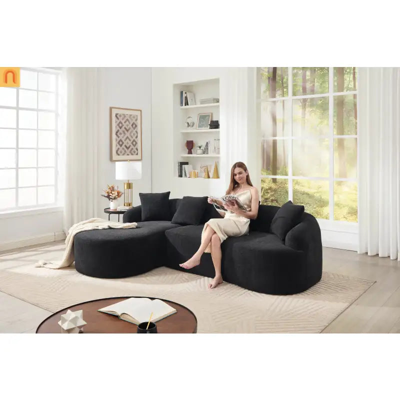 Sectional Sofa L-Shape Curved Chaise Chenille Black 3 Seat 99 In