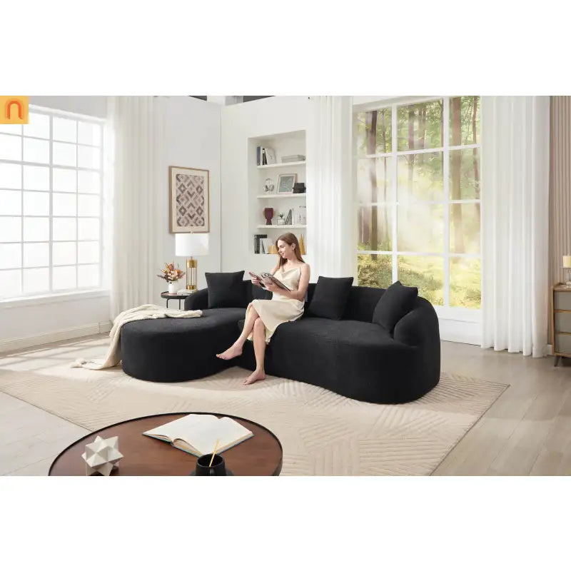 Sectional Sofa L-Shape Curved Chaise Chenille Black 3 Seat 99 In