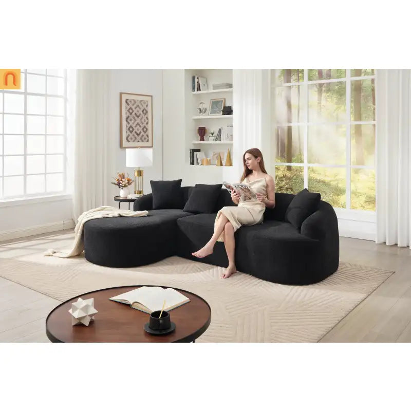 Sectional Sofa L-Shape Curved Chaise Chenille Black 3 Seat 99 In