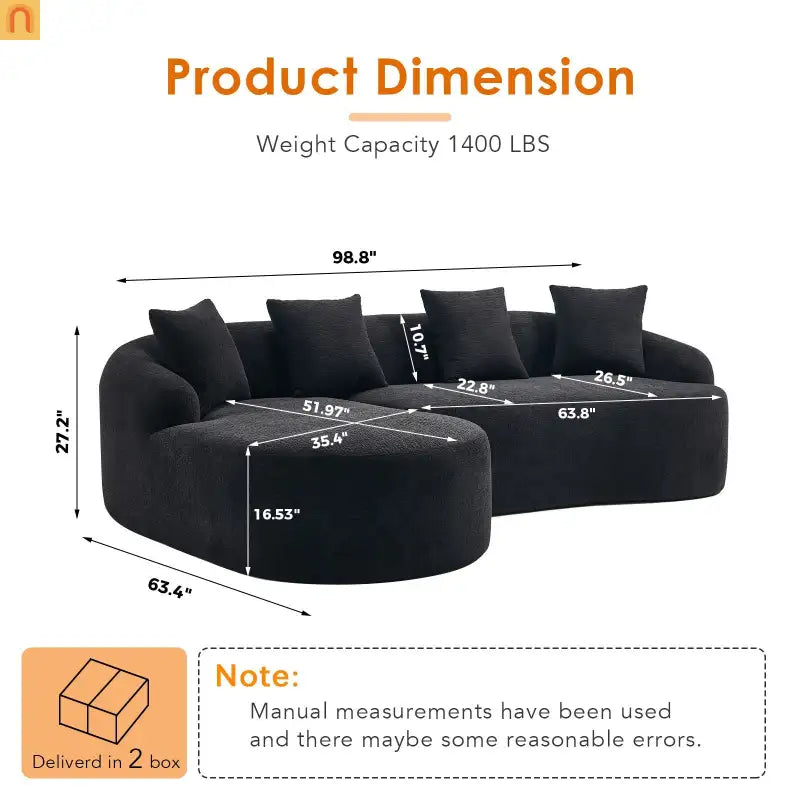 Sectional Sofa L-Shape Curved Chaise Chenille Black 3 Seat 99 In