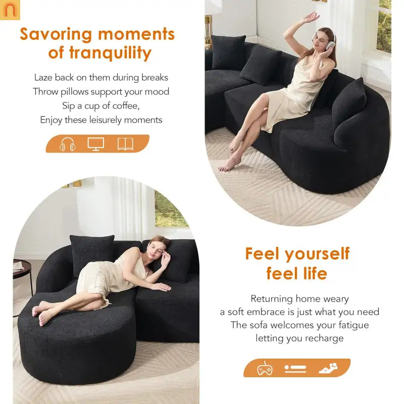 Sectional Sofa L-Shape Curved Chaise Chenille Black 3 Seat 99 In