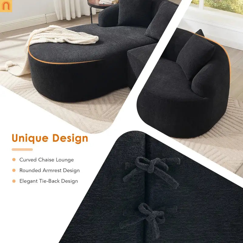 Sectional Sofa L-Shape Curved Chaise Chenille Black 3 Seat 99 In